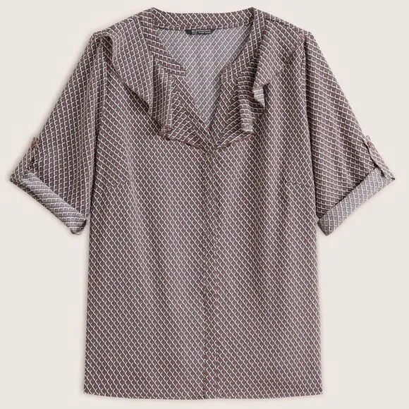 Gingham Ruffle Trim Tab Sleeve Blouse - Picture 3 of 10